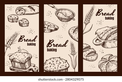 Hand drawn bakery sketch vector backgrounds. Flour and sifter, wheat ear with grains, wheat ear with grains, rye bread loaf and baguette slices Rustic vintage engraved posters, engraving design