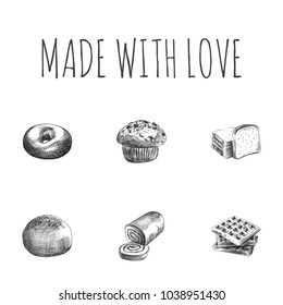 Hand drawn bakery sketches set. Collection of waffle, bagel, toaster bread and other sketch elements.