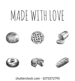 Hand drawn bakery sketches set. Collection of bun, bagel, dessert and other sketch elements.