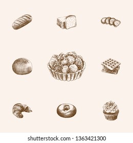 Hand drawn bakery sketches set. Collection of bagel, toaster bread, rusk and other sketch elements.