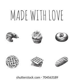 Hand Drawn Bakery Sketches Set. Collection Of Wafer, Dessert, Muffin And Other Sketch Elements.
