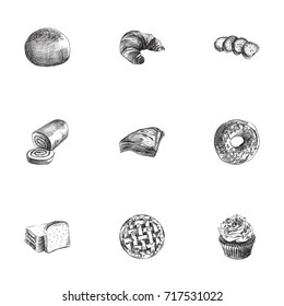 Hand Drawn Bakery Sketches Set. Collection Of Cracker, Muffin, Triangle And Other Sketch Elements.