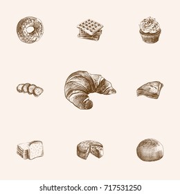 Hand Drawn Bakery Sketches Set. Collection Of Triangle, Round Rye, Muffin And Other Sketch Elements.