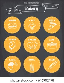 Hand Drawn Bakery sticker set. Blackboard Icon with chalk design. Vector illustration