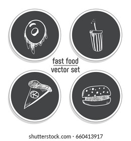 Hand Drawn bakery sticker set. Blackboard Icon with chalk design. Vector illustration. Donut, soda, pizza and burger for cut out