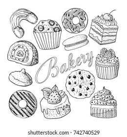 Hand Drawn Bakery Sweets Desserts Doodle. Sketch Set with Cupcake, Cookie, Donut, Macaroon and Muffin. Vector illustration
