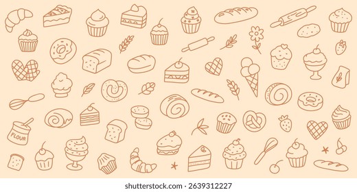 Hand drawn bakery and sweets doodle set with cakes, muffins, croissants, bread, and desserts. Linear pastry collection on beige background.