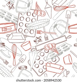 Hand drawn bakery utensils. Baking tools and essentials.  Vector  seamless pattern
