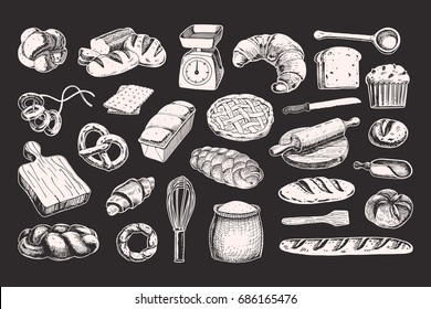 Hand drawn bakery vector collection with baked goodies and tools