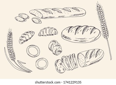 Hand drawn bakery vector set. Collection of bread and pastry