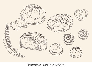 Handgezogener Bäckträger-Vektorsatz. Sammlung von Brot und Gebäck