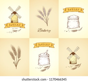 hand drawn bakery and wheat isolated icons set