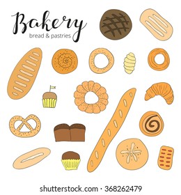 Hand drawn baking bread, muffins, croissant, buns, loaf, french baguette and pastries isolated on white background.