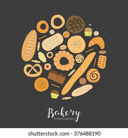 Hand drawn baking bread, muffins, croissant, buns, loaf, french baguette and pastries composed in circle shape.