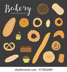Hand drawn baking bread, muffins, croissant, buns, loaf, french baguette and pastries on the blackboard.