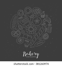Hand drawn baking bread, muffins, croissant, buns, loaf, french baguette and pastries composed in circle shape with lettering.