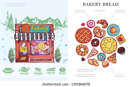 Hand drawn baking concept with bread pie bagel donut muffin pretzel buns croissant coffee cup bakery labels and shop on mountain landscape vector illustration