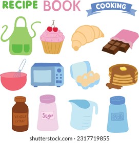 Hand drawn baking elements including recipe book, apron, cupcake, croissant, chocolate, bowl, whisk, oven, microwave, egg, pancake, vanilla extract, sugar, salt. For bakery content, logo, icon...