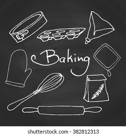 Hand drawn baking equipment. Kitchen tools design. Vector stuff for baking on a chalkboard.