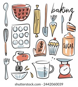 hand drawn baking equipment, vector illustrations.