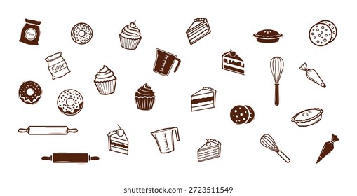 Conjunto de iconos de hornear dibujados a mano con pasteles, rosquillas, magdalenas y herramientas de pastelería | Paquete de Vector de postre Doodle marrón: harina, rodillo, batidor y bolsa de hielo