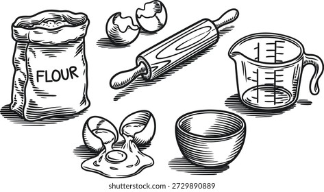 Hand drawn baking ingredients and kitchen tools engraving style vector set