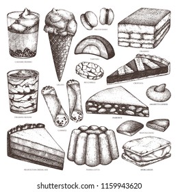 Hand drawn baking and pastries illustrations on white background. Vector Italian desserts drawing. Traditional sweet food sketches for cafe or restaurant menu design. 
