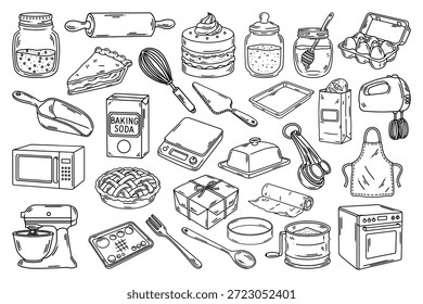  Hand Drawn Baking and Pastry Tools Set, Black and White Kitchen Illustration Collection
