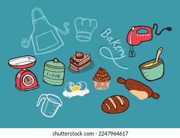 Handgezeichnet Backset und Kochwerkzeuge, Mixer, Kuchen, Kuchen, Kuchen, Brot, Waage. Doodle-Sketch-Stil. Illustration ideal für Plakat, Banner, Menü, Kochbuch, Backshop, Bäckereidesign