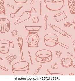 Hand drawn baking tools seamless pattern