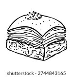 Hand drawn Baklava vector illustration. Turkish desserts pistachio baklava. Sketch traditional middle eastern, Turkish dessert. Card, poster, flyer design.
