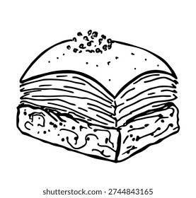 Hand drawn Baklava vector illustration. Turkish desserts pistachio baklava. Sketch traditional middle eastern, Turkish dessert. Card, poster, flyer design.