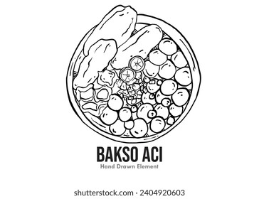 Hand drawn Bakso Aci is a food made from tapioca flour, with spicy sauce and kaffir lime juice. Street Food, Line Art, Black and White