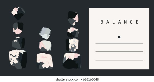 Hand drawn balancing stones. Creative card in black and pastel colors. Greeting card, Birthday, anniversary, Valentin’s day, party invitations, wedding, covers.