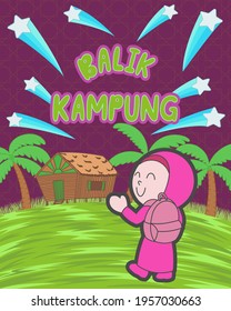 Hand drawn balik kampung malaysia culture for holiday celebration, Girl, cartoon, Eid Mubarak, print, art