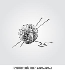 Hand Drawn Ball of knitting wool and knitting needles Sketch Symbol isolated on white background. Vector of Knitting elements In Trendy Style