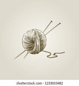 Hand Drawn Ball of knitting wool and knitting needles Sketch Symbol isolated on old paper background. Vector of Knitting elements In vintage Style