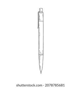 Hand drawn ball pen in outline sketch style, vector illustration isolated on white background. Stationery element for school or educational design.