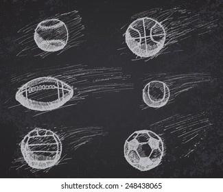 Hand drawn ball sketch set with shadow and dynamic effect on blackboard.