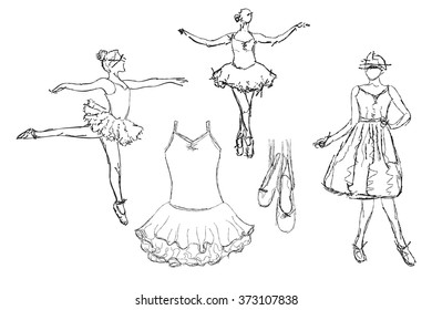 Hand drawn Ballerina dance. Tutu and dress sketch.