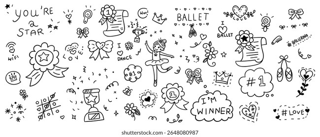 Hand drawn ballerina element line doodle concept set. Includes ballet outfit, trophy, ribbon, ballet shoes, and mirror.