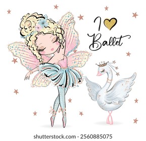 Hand drawn ballerina with fairy wings and swan. Vector images