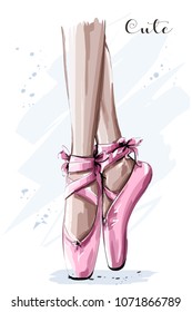 Hand Drawn Ballet Dancer Legs In Pointe Shoe. Sketch. Vector Illustration.