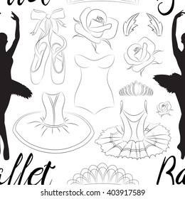 Hand drawn Ballet pattern with ballet shoes, ballet tutu, ballerina, applause. Vector ballerina isolated.