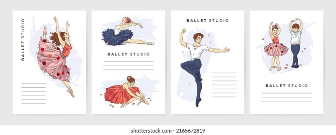 Colección de afiches de estudio de ballet dibujado a mano. Ilustración vectorial de una bella joven bailarina, hombre y niños