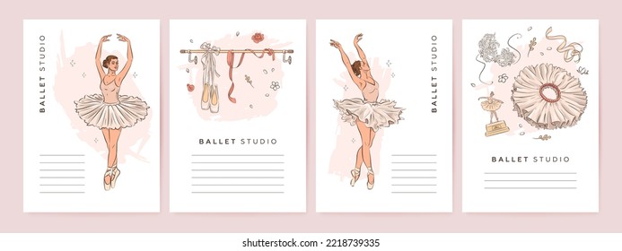 Hand drawn ballet studio poster collection. Vector illustration of beautiful young dancing woman and ballet elements