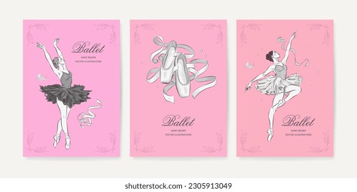 Hand drawn ballet studio poster, banner, cover or greeting card collection. Ballerina and ballet shoes. Vector illustration