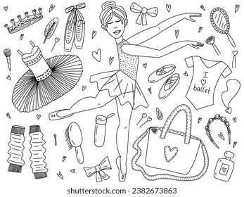 Hand drawn ballet vector set. Set of ballet dancer elements, tutu, ballerina, pointe shoes.