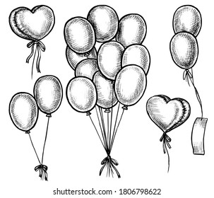 Hand drawn balloon. Black and white hand drawn flying festive helium balloon doodle sketch bundle and single vector illustration. Birthday party, anniversary, valentine day attribute set