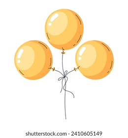 Hand drawn balloon bunch. Helium balloons happy birthday decorations, air balloons celebration decor flat vector illustration. Yellow flying glossy balloons